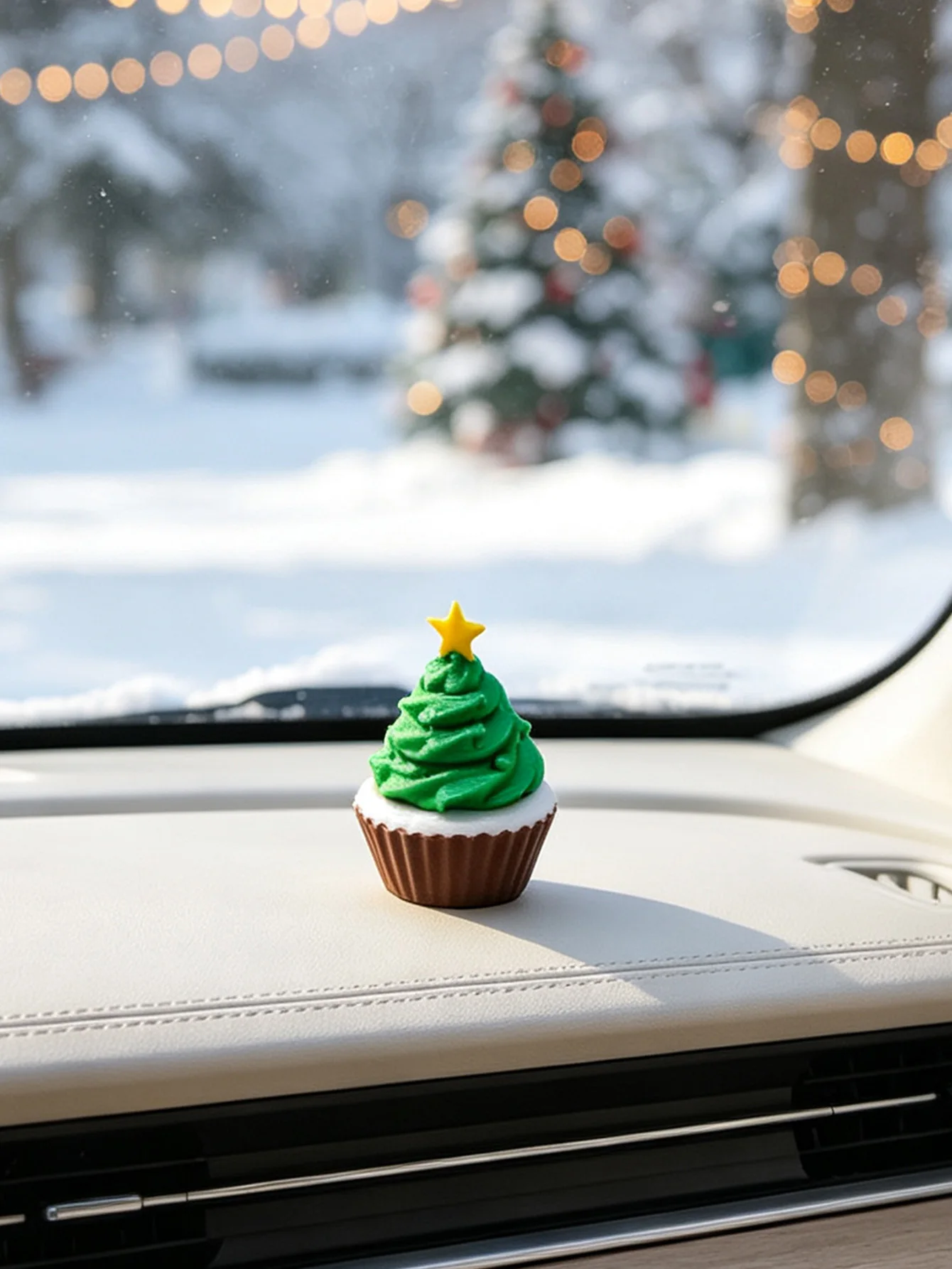Mini Christmas Tree Cupcake Shape Car Decor Figurine Cute Star Top Car Dashboard Decoration Christmas Holiday Auto Interior