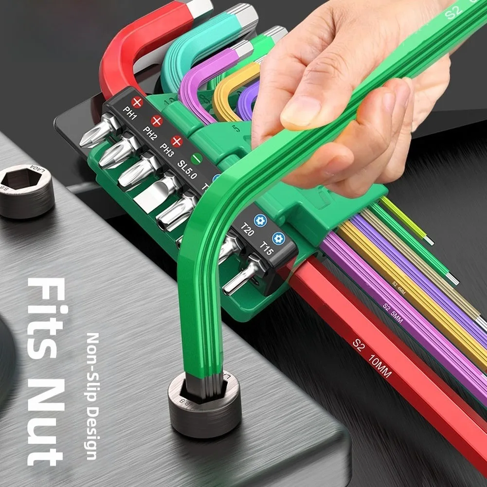 9 Piece Magnetic Hex Wrench Set in Rainbow Colors with 25 Degree Angled Head for Confined Space Use 1.5 10mm T50