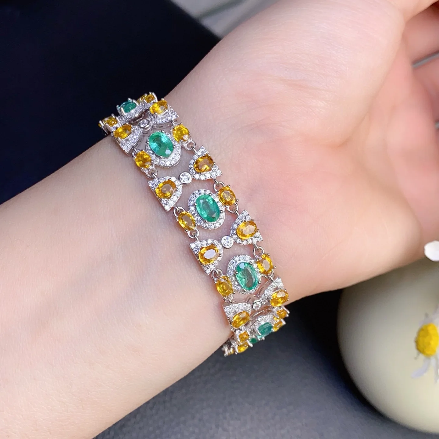 925 Silver Natural Emerald & Yellow Sapphire Bracelet, Vintage Light Luxury Gemstone Jewelry, Elegant Statement Gift for Women