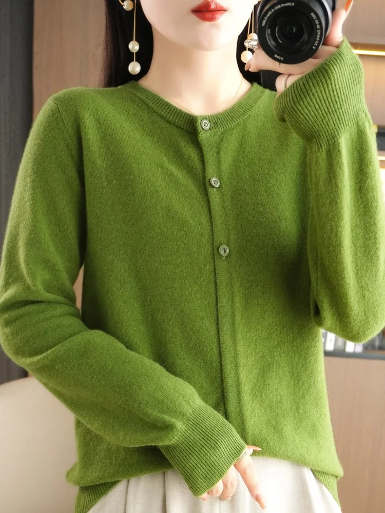 

Elegant Women's Open Cardigan round Neck Loose Fit Cashmere Sweater Spring Autumn Sleeve Long Regular Length Color