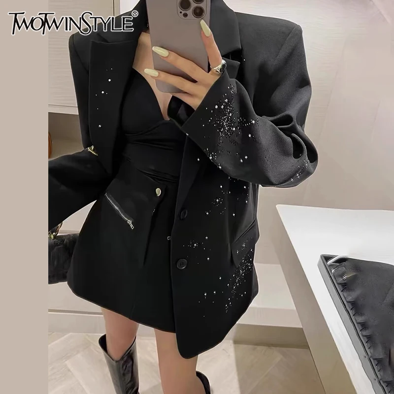 

TWOTWINSTYLE Solid Spliced Diamonds Elegant Blazers For Women Lapel Long Sleeve Loose Minimalist Patchwork Button Coat Female