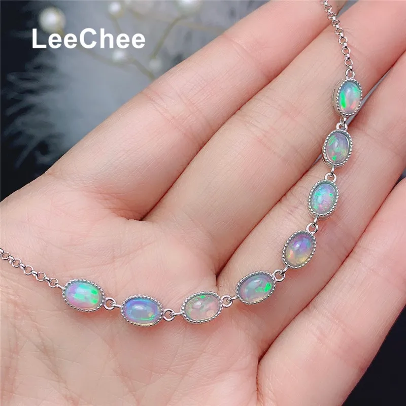 Natural Opal Bracelet 8 Pieces 4*6MM Colorful Gemstones Fine Jewelry Real 925 Sterling Silver for Women Anniversary Party Gift