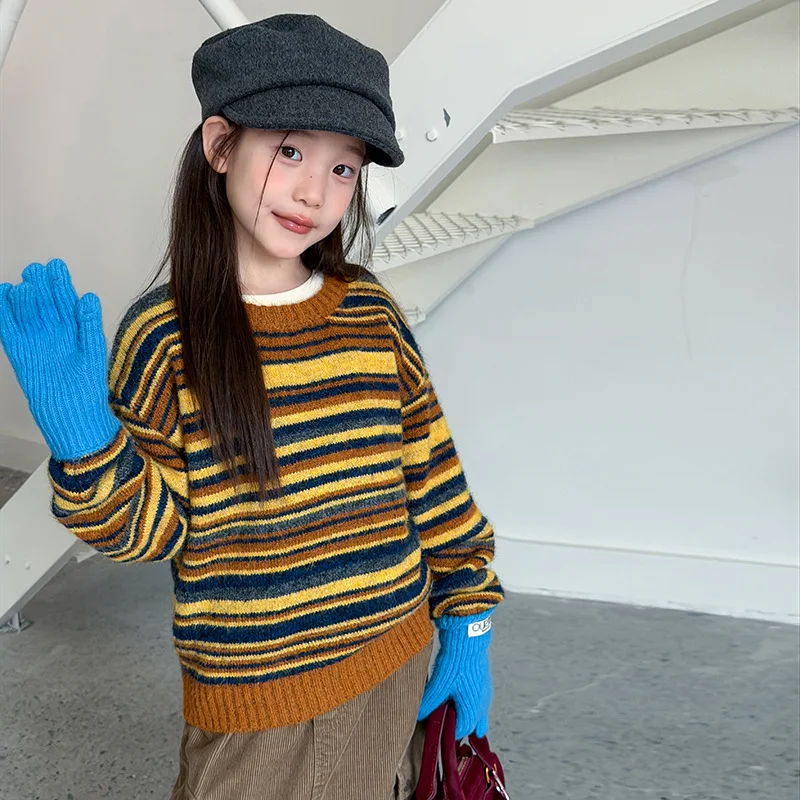 Kids Clothing Kids Contrasting Striped Knitted Sweater Korean Atmosphere Lazy Style Colorful Striped Knitted Sweater