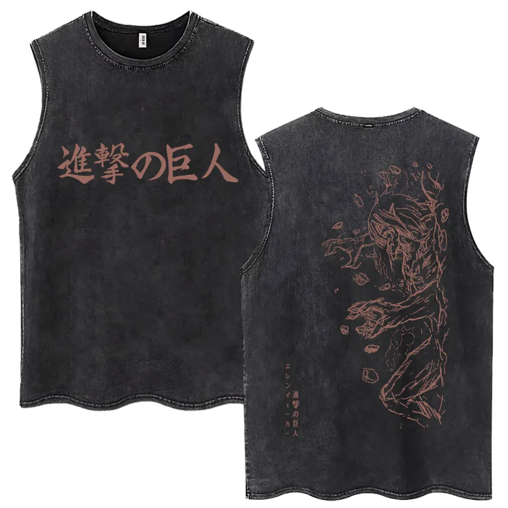 Japan Anime Attack on Titan Washed Tank Tops Vintage Eren Jaeger Harajuku Manga Sleeveless T-shirts Men Women Loose Cotton Vests