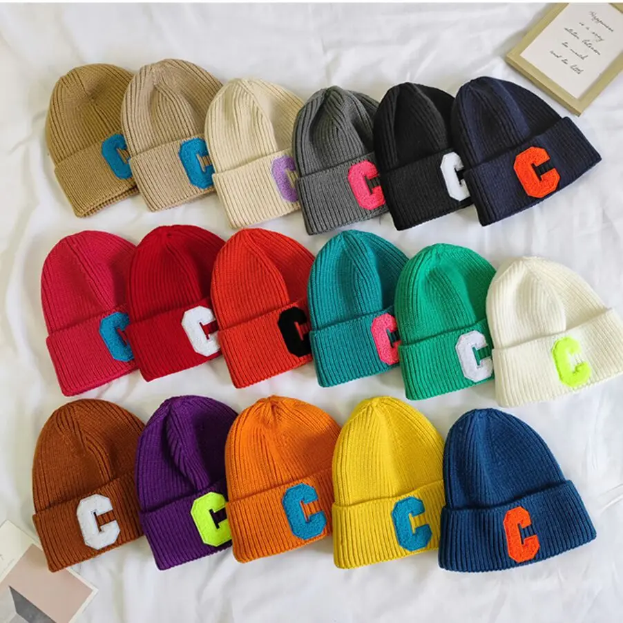 Unisex women mens casual striped knitted hat C letter banie cap Thick warm skullcap Multi color ski hip hop skullies gorras