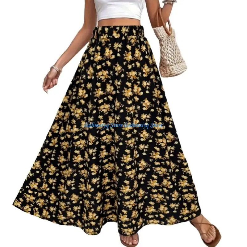 573B Women's long dress, fashionable bohemian , trendy floral  A-line beach dress, vacation wear.