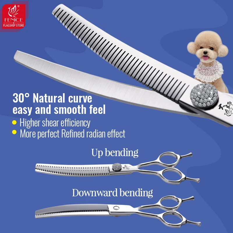 Fenice Left Hand 7 Inch JP440C Steel Pet Hair Scissors For Dog Grooming Curved Thinner&Straight Fluffy Shears For Dogs Grooming