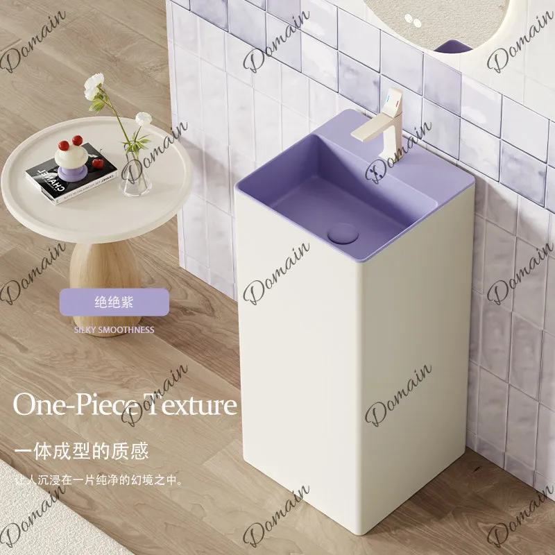 Purple square column basin, cream wind bathroom, household floor-to-ceiling integrated ceramic face wash basin