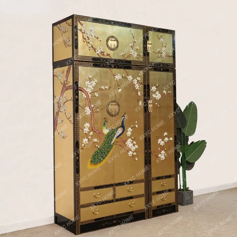 New Chinese solid wood three-door wardrobe hand-painted traditional gold foil high cabinet decorative camphor wood
