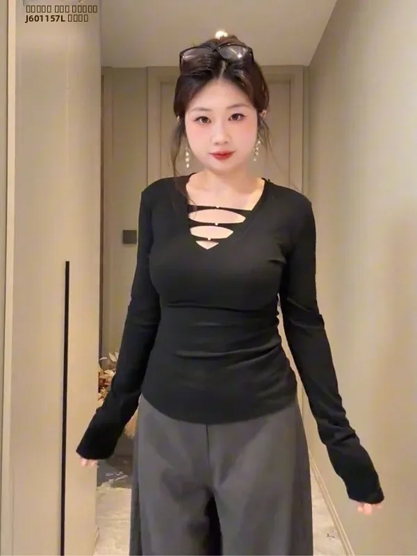 Plus Size Damen-T-Shirt mit V-Ausschnitt und langen Ärmeln, schmal geschnitten, sexy, schlankmachend, Herbst-Winter-Oberteil, elegant und schön