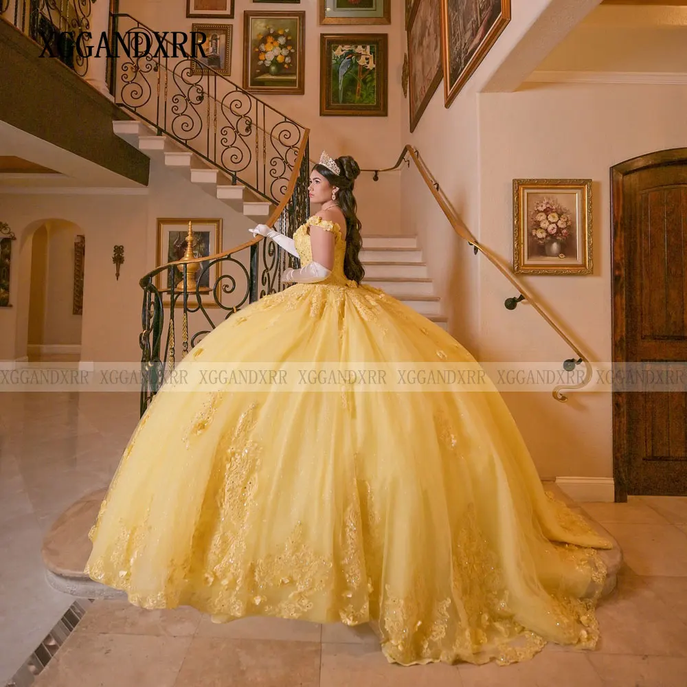 Customized Elegant Yellow Ball Gown Quinceanera Dress 2025 Luxury Sweetheart Lace Appliques Puff Sweet 16 Dress Vestido De 15