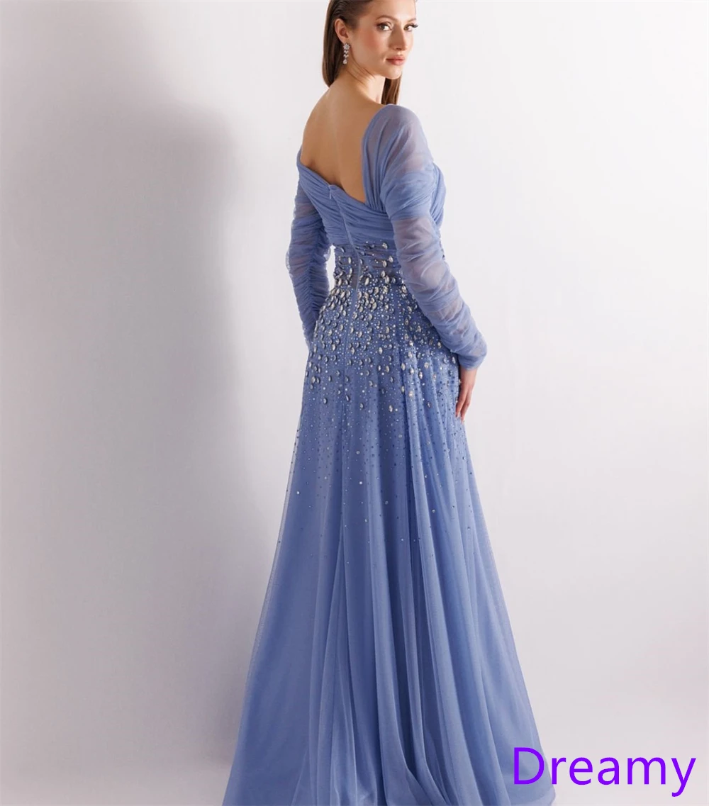Customized Exquisite Blue Chiffon Evening Dress Square Collar Long Sleeves Celebrity Gowns Bespoke Occasion Gowns Crystal
