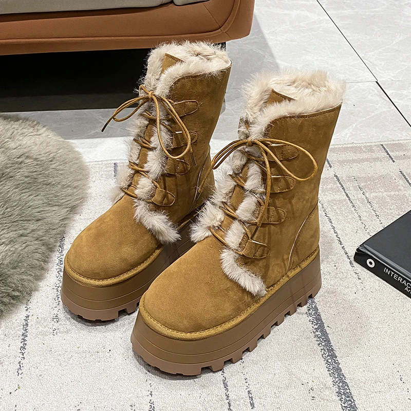 

Women's Mid-calf Winter Boots Round Head Keep Warm Front Lacing Thick Sole Snow Boots High Heels Outdoor New Fashion Botas Mujer