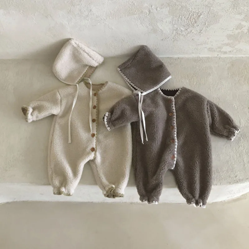 

2025 Winter New Baby Long Sleeve Fleece Romper + Hat Infant Boy Girl Lamb Fleece Jumpsuit Plus Velvet Thick Toddler Warm Clothes