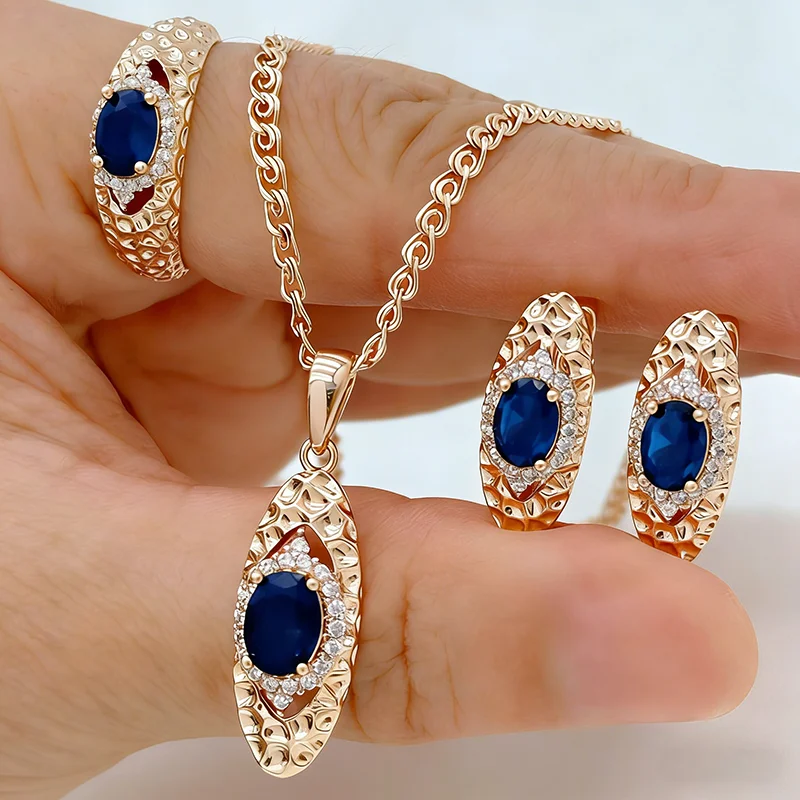 Kinel Hot Shiny Blue Natural Zircon Jewelry Sets for Women Fashion 585 Rose Gold Color Ring Earrings Necklace Daily Fine Jewelry