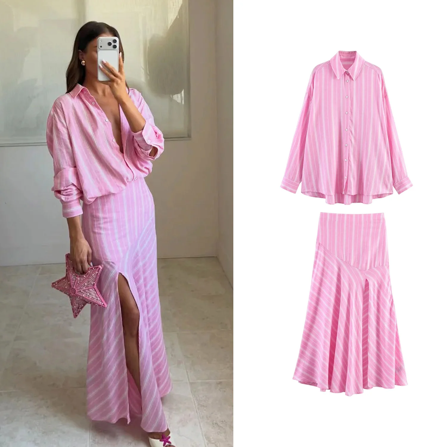 Woman Fashion Stripes Pink Skirt Sets Or Spring Female Single Breasted Full Sleeves Shirts Or Lady Chic Side Split Long Skirts