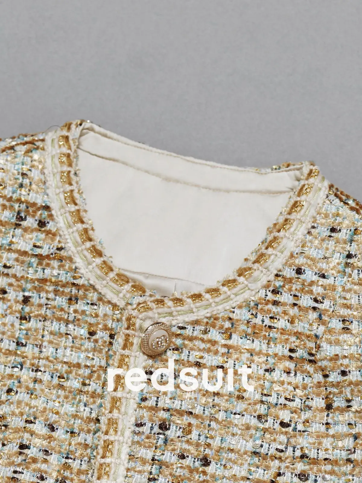 New Versatile coat with coarse tweed woven plaid short gold lace top Customized ruler