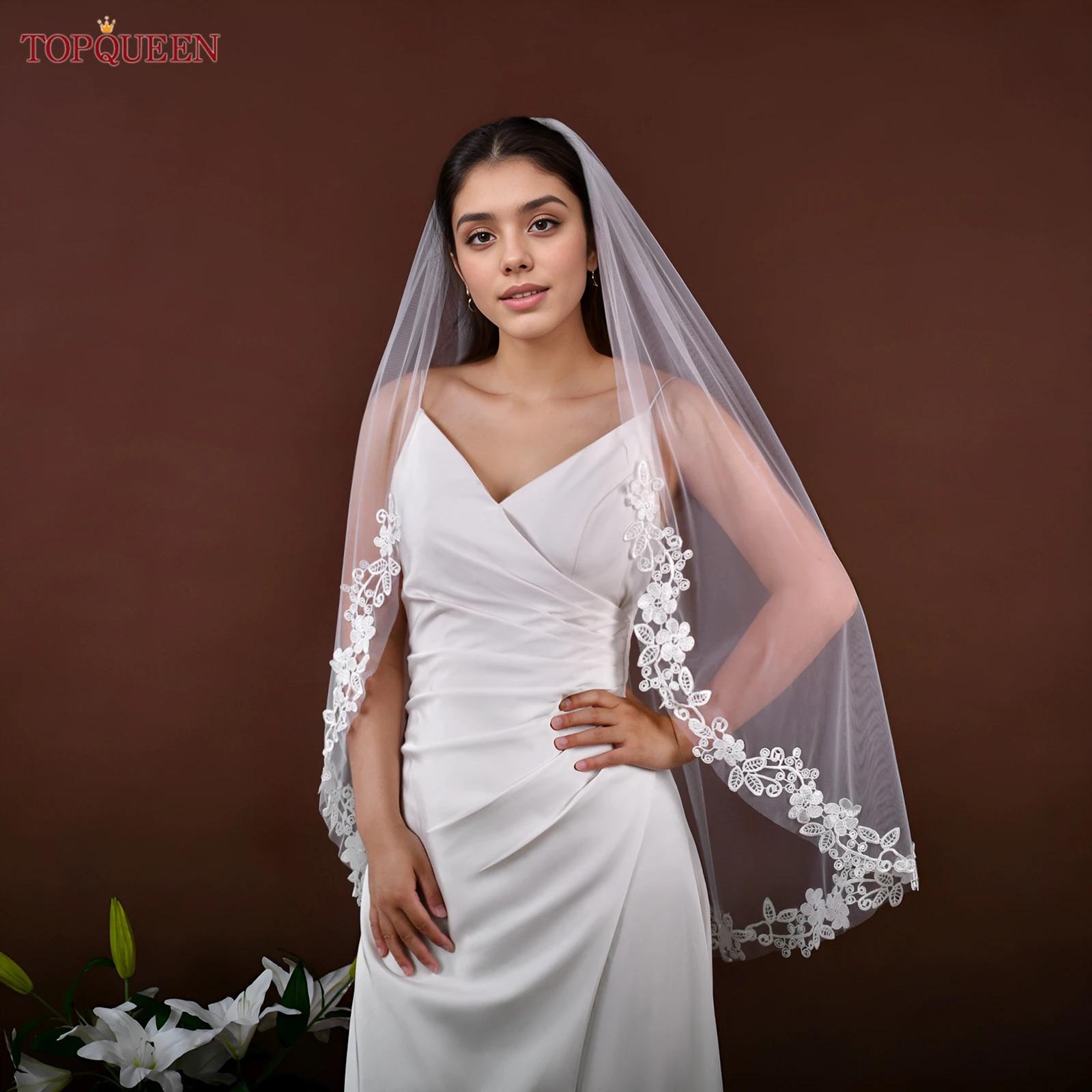 TOPQUEEN V317 طرحة زفاف دانتيل ناعم حجاب زفاف طبقة واحدة أنيقة Rochii رومانسية زهرة دانتيل للتخصيص