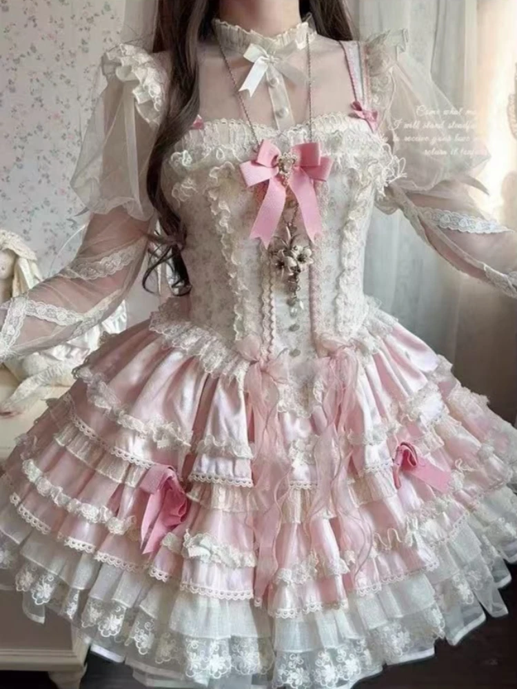 Słodka Sukienka Lolita w Kolorze Różowym dla Kobiet, Projekt Kawaii, Patchworkowa, z Kokardą, Koronkowa Sukienka na Ramiączkach, Moda Dziewczęca, Urocza, Śliczna Sukienka w Stylu Wróżki