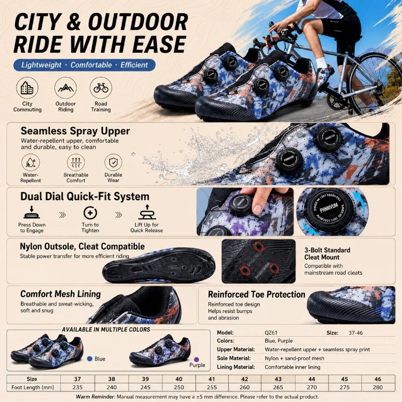 Road Cycling Shoes Men Women Dual Dial Lock Waterproof Upper Nylon Sole Anti-Slip Cleat Compatible Outdoor Bike Shoes Size 37-46