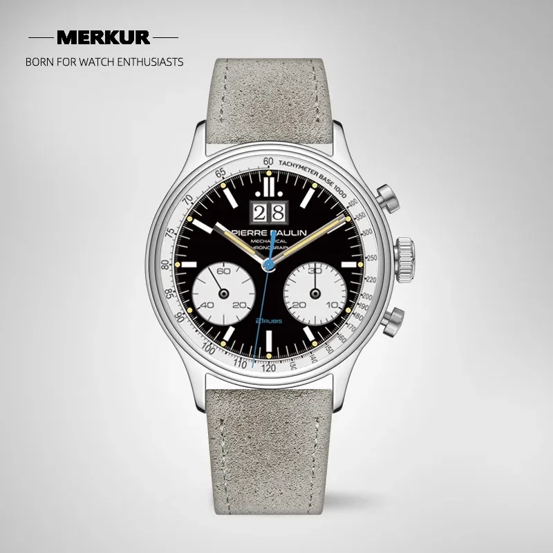 جديد بيير بولين تاريخ كبير ريترو 70's خمر الباندا نمط كرونوغراف الميكانيكية الرجال معقد 38 مللي متر المعصم الكلاسيكي الفاخر