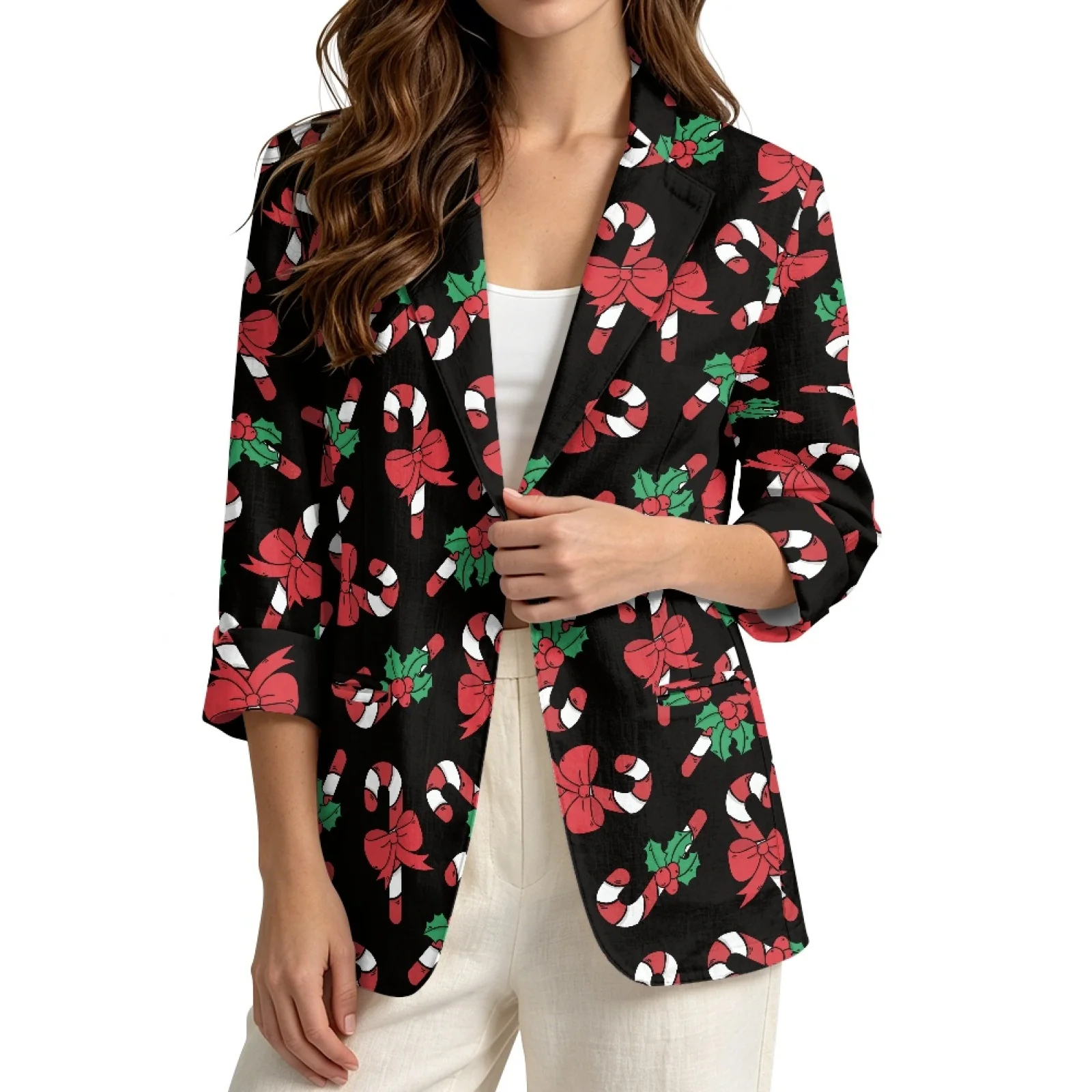 PENSTROLL Candy Cane Holiday Linen Style Open Cardigan for Lounge Open Front Daily Shrug Light Cardigans