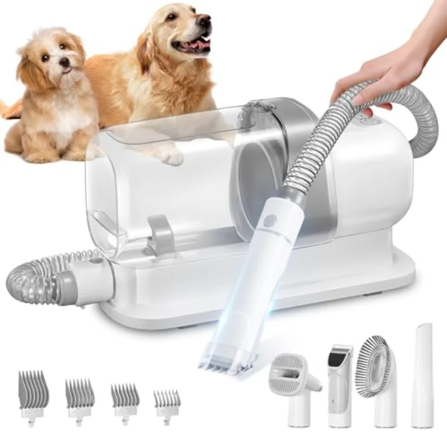 

Dog Cat Grooming Vacuum 2.3L Suction 99 Hair Removal with 5 Tools Low Noise Grey White