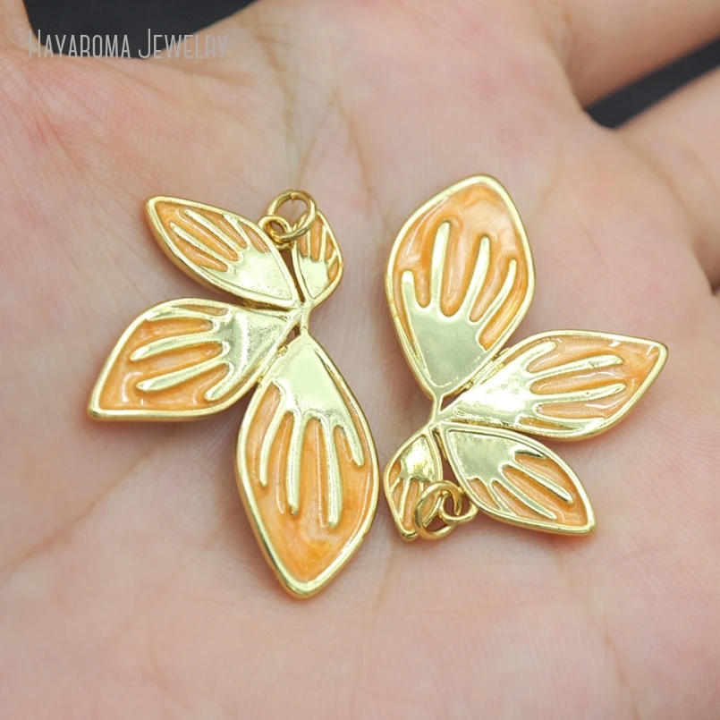 10Pcs Copper Leaf Shape Geometric Free Form Enamel Gold Color Jewelry Metal Wholesale Orange Pendant PM53270