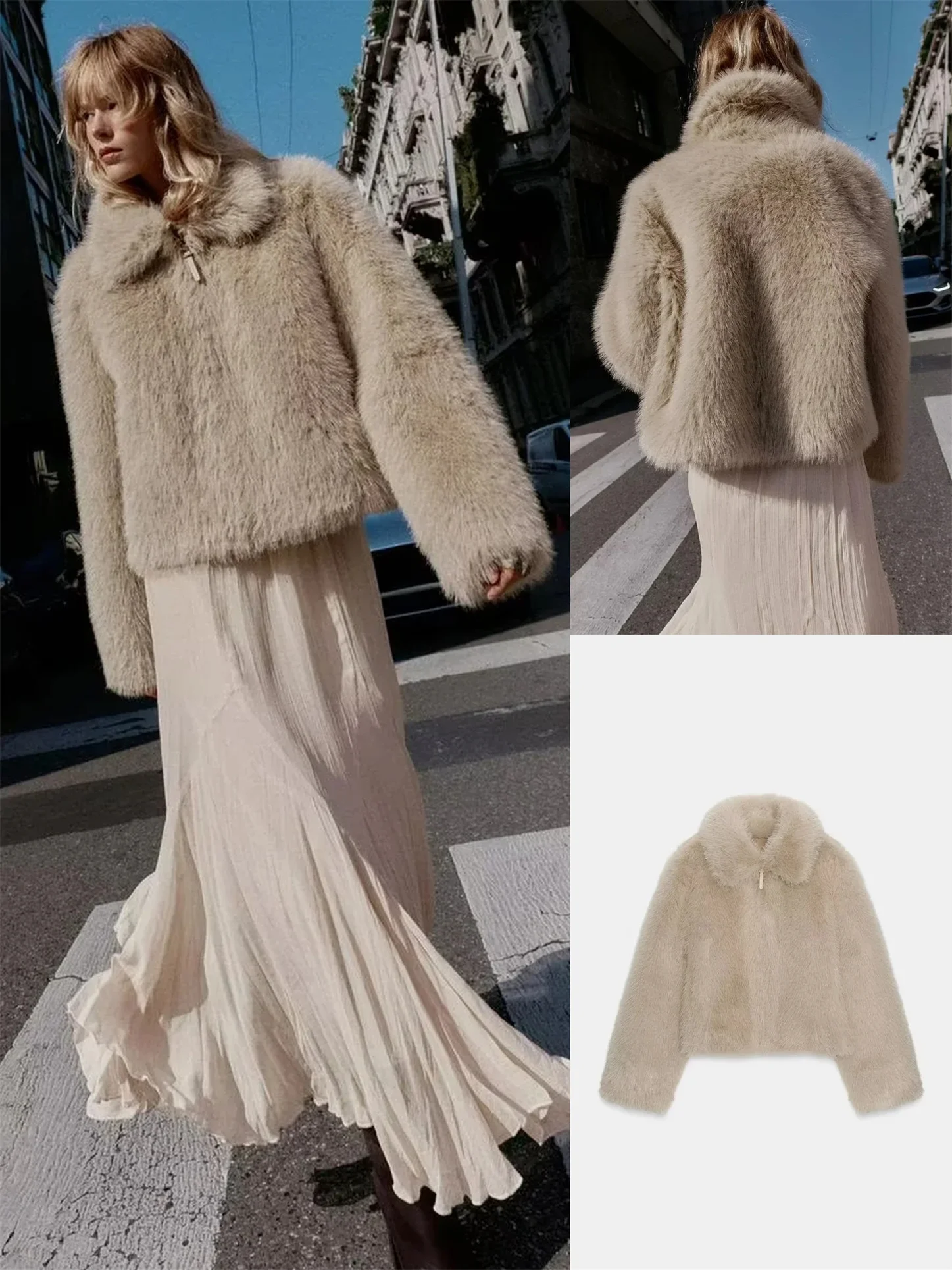 سترة أنيقة ذات وجهين بتأثير الفرو الصناعي للنساء، إحساس راقي، إصدار جديد للخريف، تصميم أنيق مع إغلاق بالسحاب وأكمام طويلة