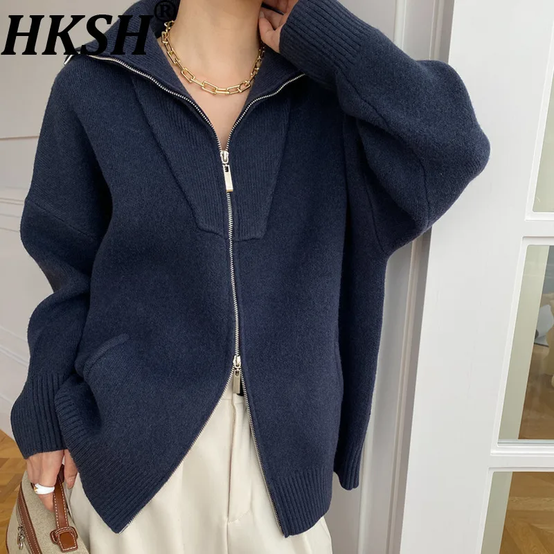 HKSH Autumn Winter New Women Sweater Cardigan Double Zipper Turn-Down Collar Knitted Casual High Street Elegant Ins Coat HK11639