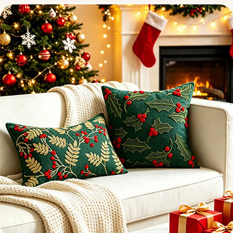 Luxury 3D Stereo Embroidery Christmas Pillow Cover Holiday Throw Pillow Case Farmhouse Winter Decor Xmas Sofa Pillowcase Home