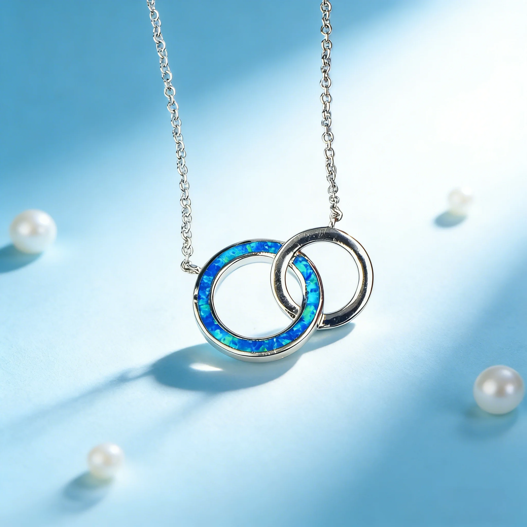 New in Synthetic Opal Necklace, Double Ring Silver Color Pendant,Blue Green Color Shifting Jewelry,Elegant Charm Gift for Women