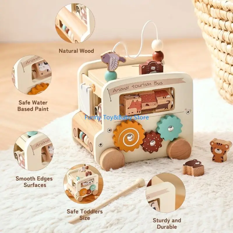 Brinquedo ônibus atividade educacional para crianças, classificação formato e função push pull, promovendo o