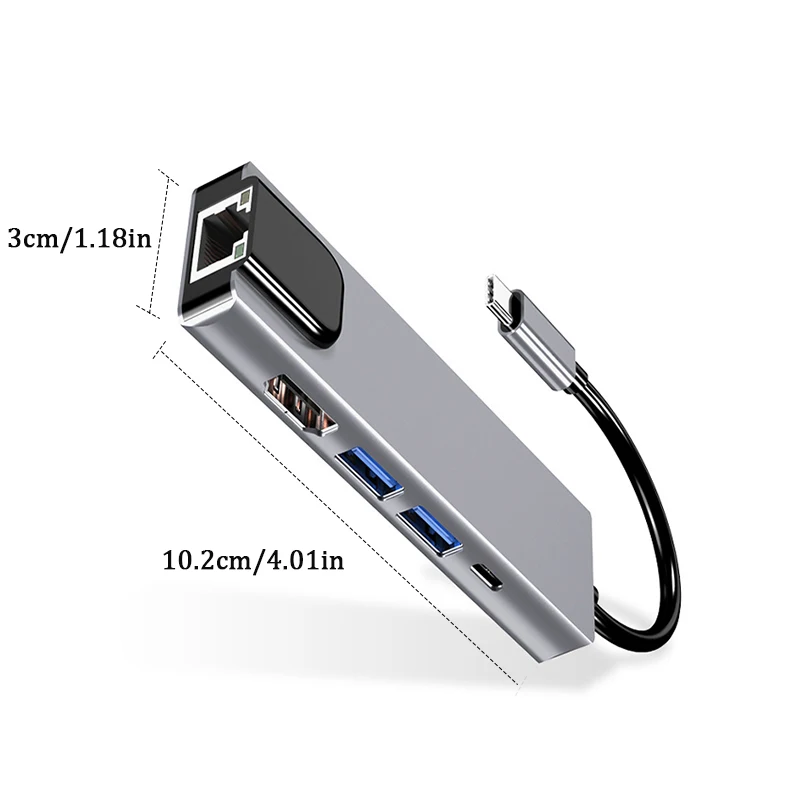 5 in 1 USB C Hub 4K HDMI-Compatible 100Mbps RJ45 Ethernet 5Gbps USB 3.0 PD Charging Port Type C Adapter for MacBook Laptop PC