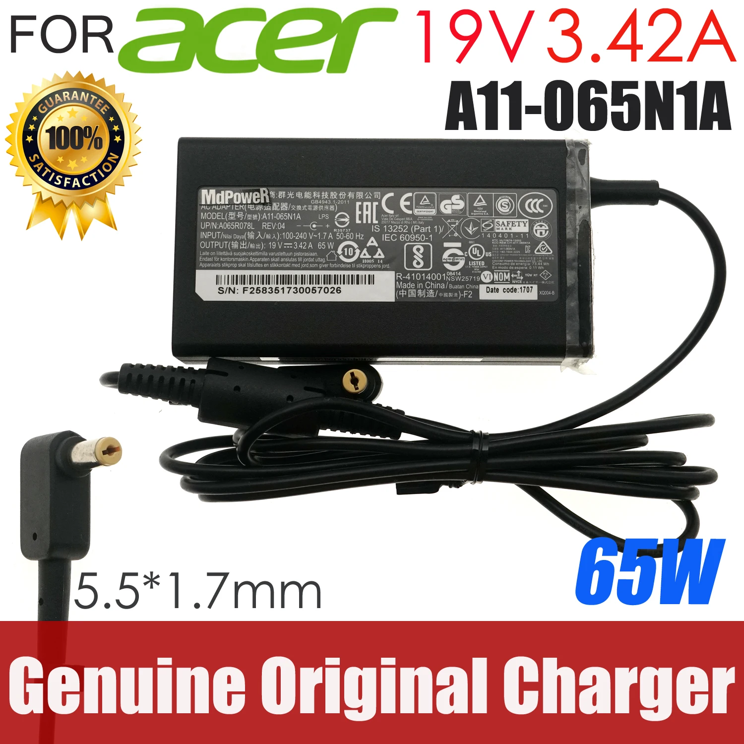 

For Acer Genuine 19V 3.42A 65W 5.5x1.7mm A11-065N1A AC Adapter Laptop Charger CPA09-A065N1 PA-1650-02 PA-1650-86 PA-1700-02