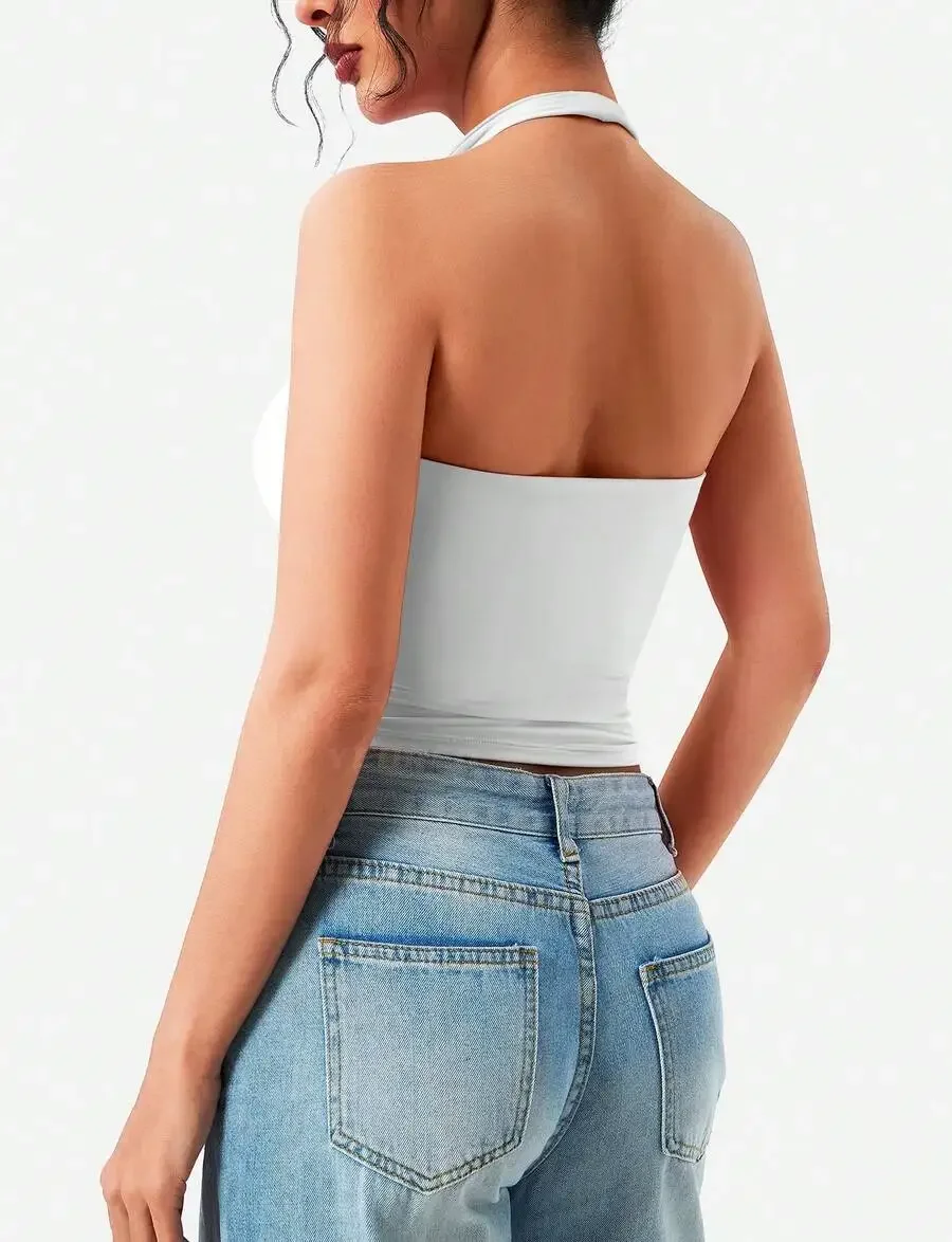 

Self-Padded Halter Crop Top Women Sleeveless Open Back Slim Fit Cami
