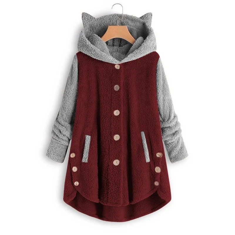 Autumn and Winter Women's Cardigan Hooded Single Breasted Solid Color Panel Contrast Pocket Mid Length Coat Fashion Loose Tops