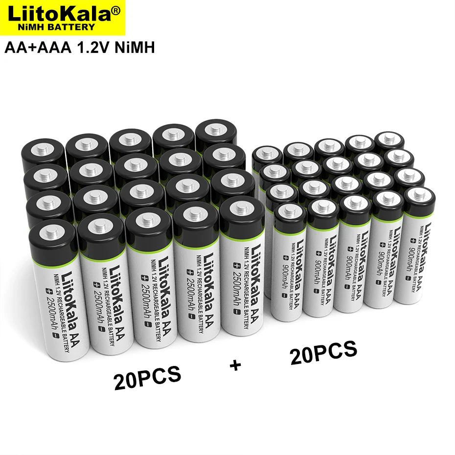 Liitokala 1.2V AA 2500mAh*20PCS  AAA 900mAh*20PCS  Ni-MH Rechargeable Battery For Temperature Gun Remote Control Mouse Toy