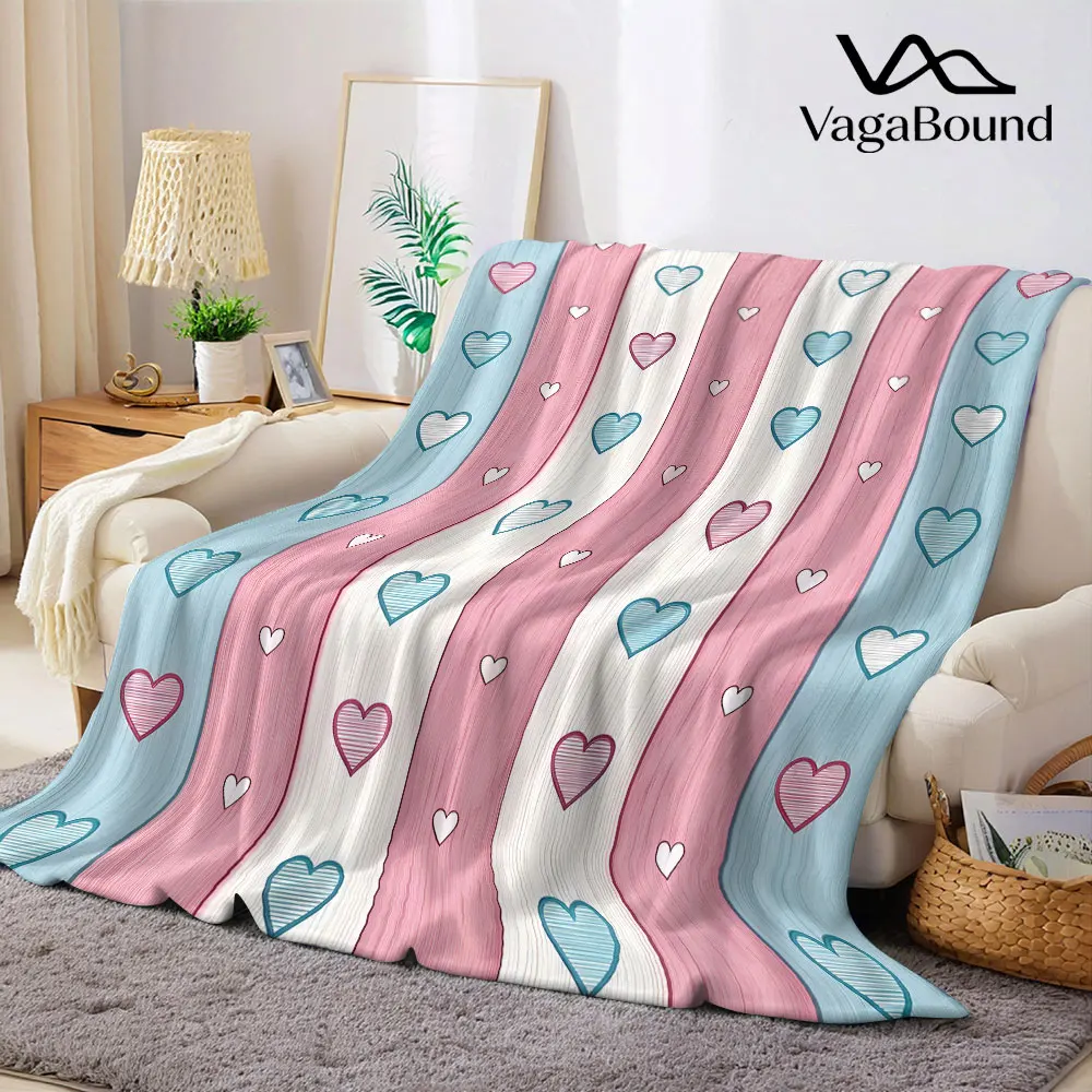 Pastel Stripe Heart Flannel Blanket Perfect for Sofa Office Bed Travel Sleep Read Relax Camping Four Season Use
