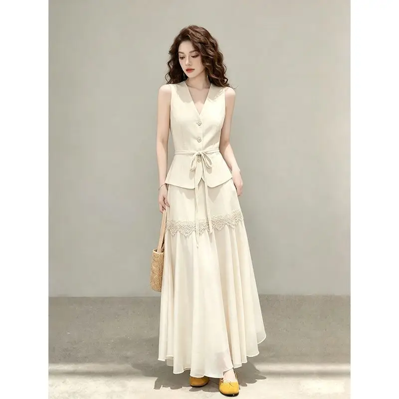 

Women's 2 Piece Set Elegant Beige Sleeveless V-Neck Vest with Waist Belt + Lace Trim Maxi A-Line Skirt Casual Summer Outfit