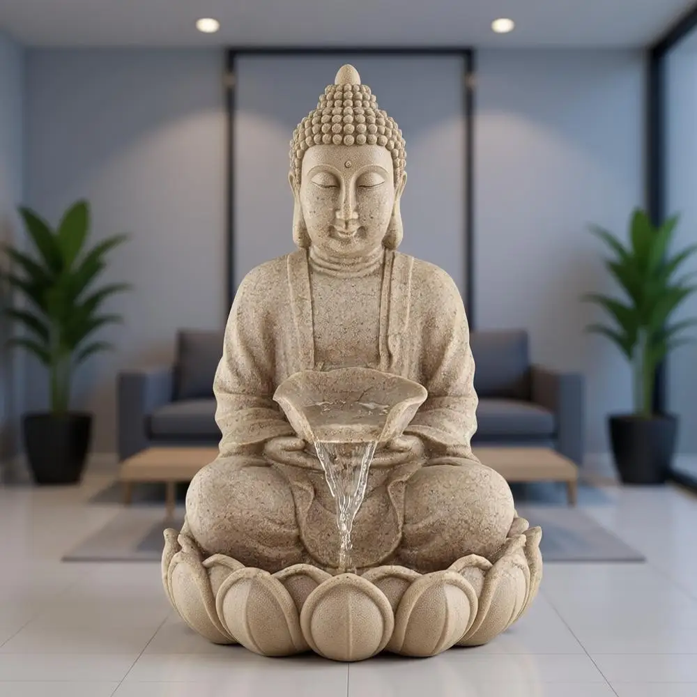 

Большой 22-дюймовый фонтан из песчаника дзен со светодиодной подсветкой, функция водопада на открытом воздухе/в помещении для сада, патио, двора