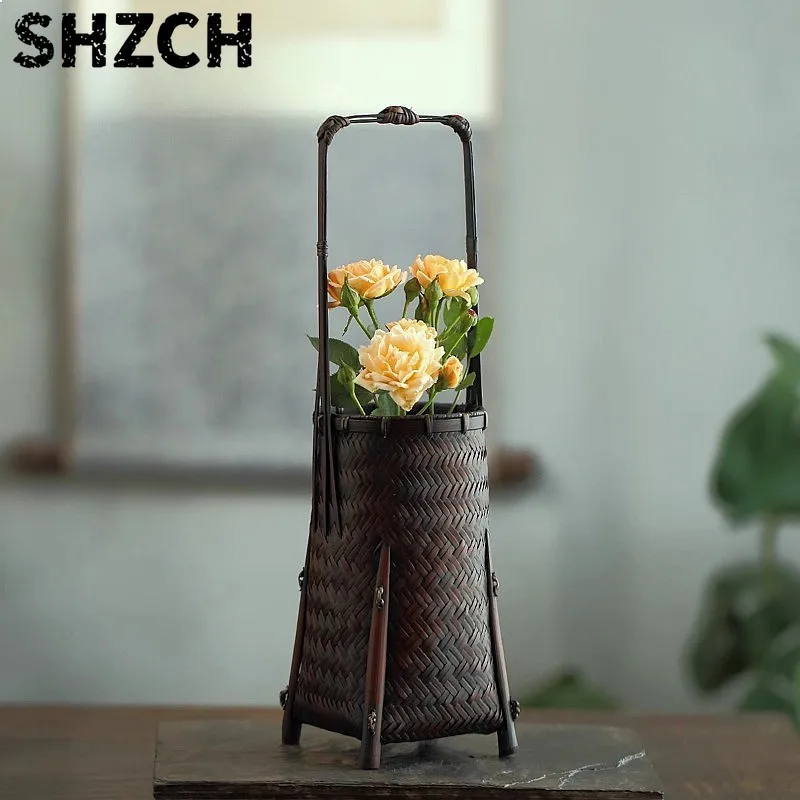 Vintage Bamboo Woven Flower Basket Plant Stand with Inner Tube Vase for Tea Room