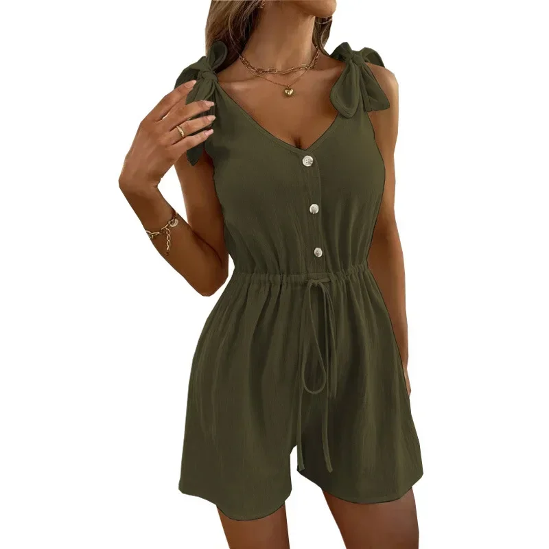 New Simple Bow Lace-up Drawstring Office Jumpsuit Summer Solid Color V Neck Sleeveless Romper Elegant High Waist Button Overalls