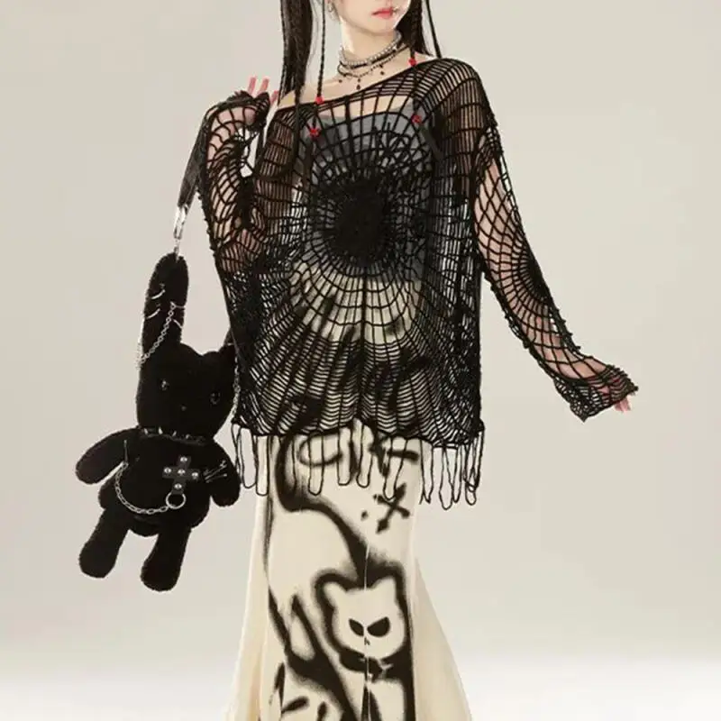 Party Clothes Knitted Spider Web Sweater Stylish Spider Design Knitted Sweater Tassel Hem Hooded Long Sleeve Coat Festival Gift