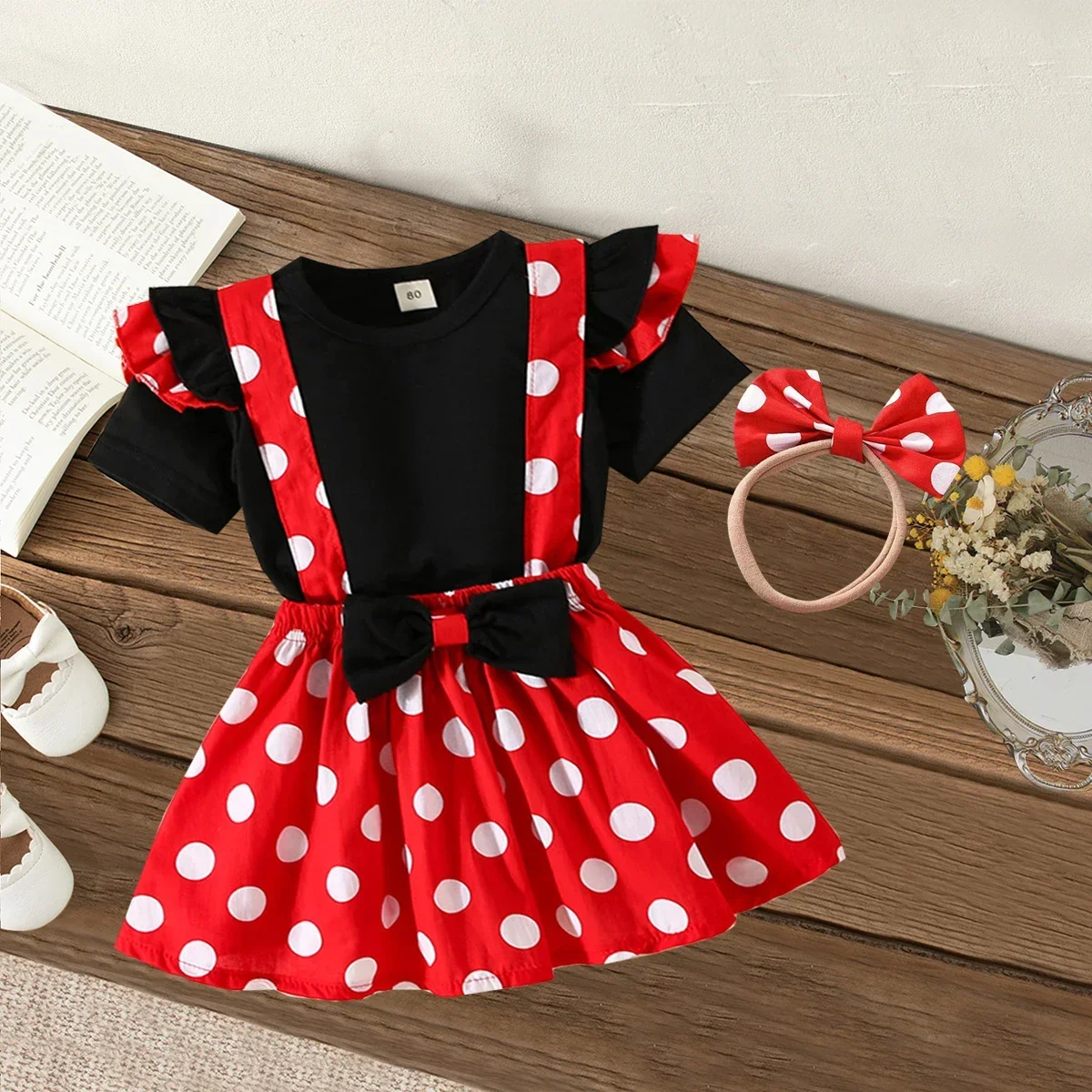 

3-piece Summer Short Sleeved Cute Bow Shaped Baby Girl Dress 0-2 Years Old Children's Party Dress T-shirt Skirt Headband Set
