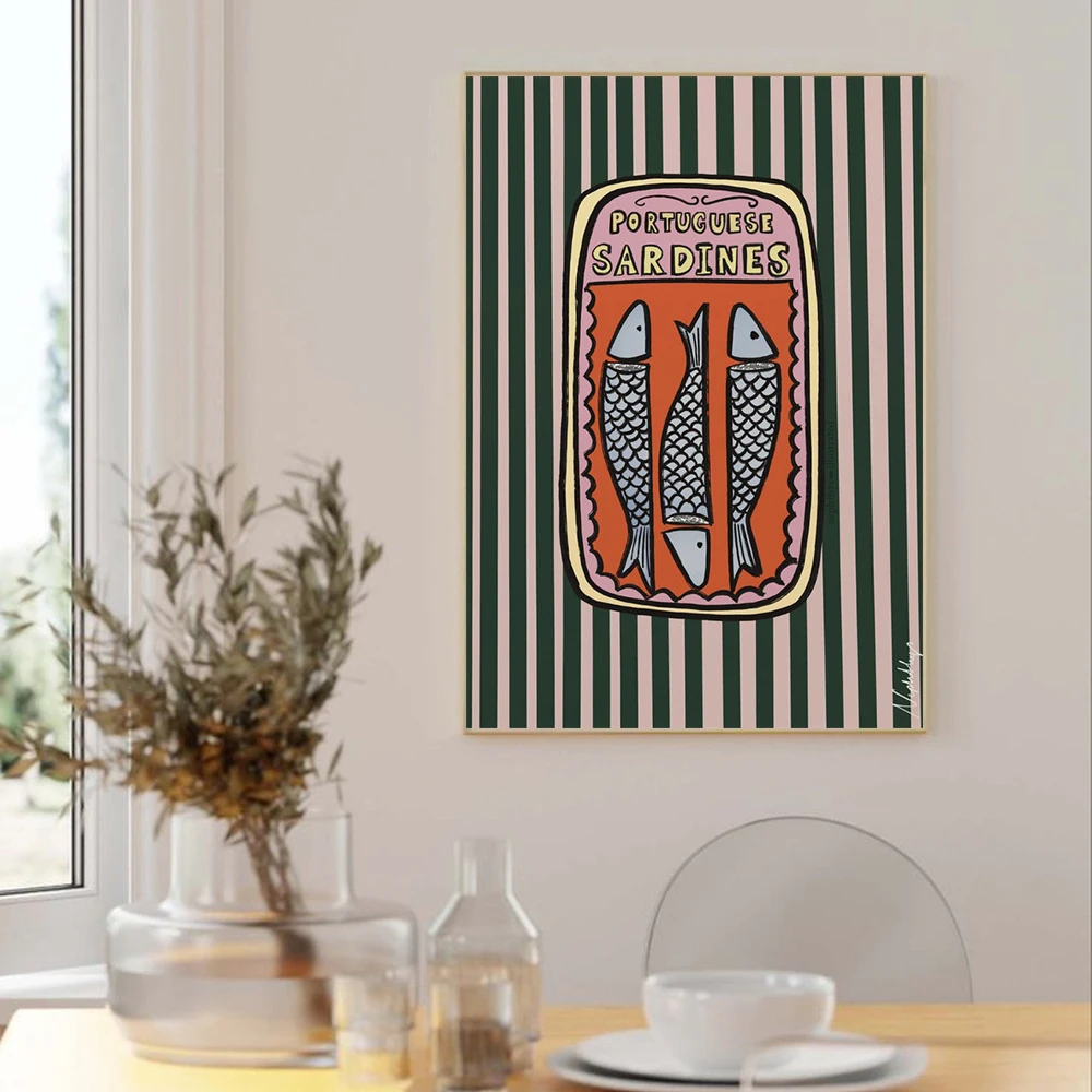 البرتغالية السردين القماش القطني Anchovies المشارك قماش اللوحة خمر جدار الفن للمطبخ غرفة المعيشة ديكور المنزل