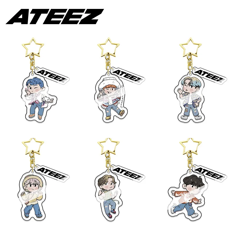 KPOP ATEEZ Cartoon Figure Pendant Keychain HD Anime Acrylic Keyring SeongHwa HongJoong ATINY Fans Gifts Bag Accessories