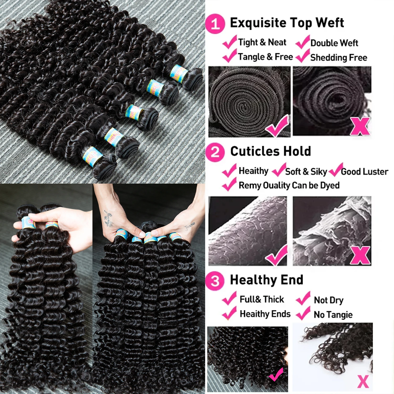 Extensiones de cabello humano Remy brasileño, mechones de ondas de agua profunda 100%, doble trama, tejido profundo, Color negro Natural, 3 uds.