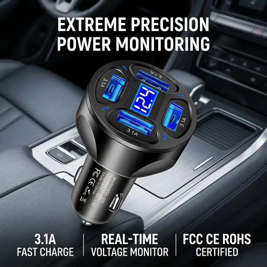 4-Port 3.1A USB Car Charger With Digital LED Display, Upgraded Smart Chip Protection, Fireproof ABS Adapter For iPhone 17 16 15