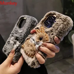 Luxury Diamond Pearl Fluffy Plush 3D Rabbit Phone Case For iPhone 16 Pro Max Case 15 14 Plus 13 12 11 X XS XR Soft Silicone Case